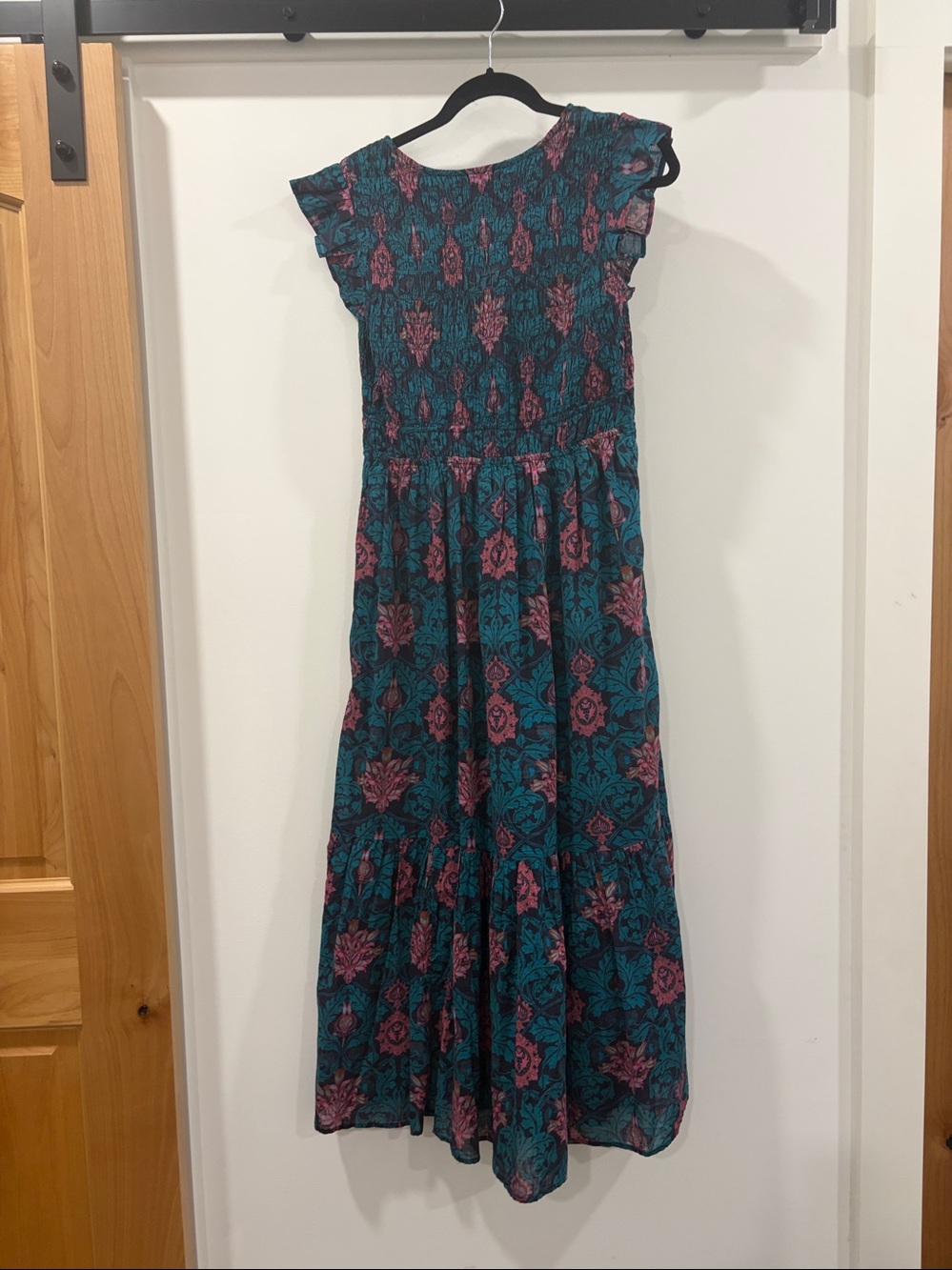 Anthropologie 100% Cotton Teal Maxi Dress with Pink Floral Print Size Small - Picture 6 of 9